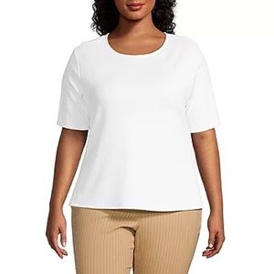 White Textured Stretch Round Neck Elbow Sleeve Blouse Plus Size 2X